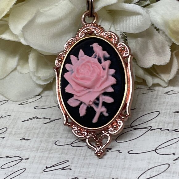 Gothic Steampunk Halloween Rose Gold Necklace Black Pink Rose Cameo Jewelry - Picture 3 of 11